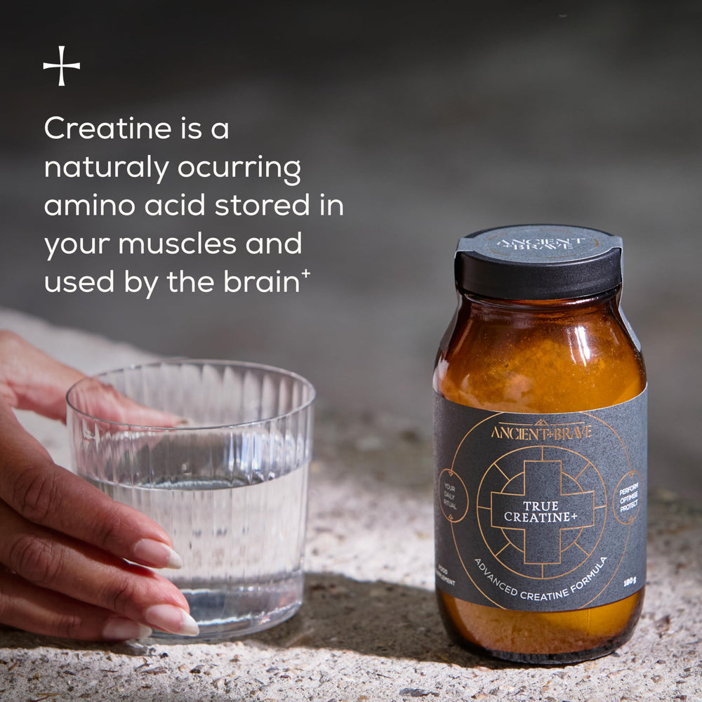 Package and scoop of True Creatine+ monohydrate powder.