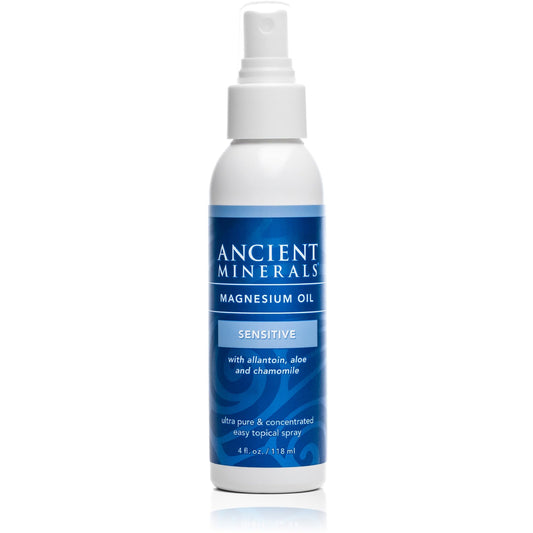 Front view of Ancient Minerals Magnesium Oil Spray Sensitive 4oz bottle