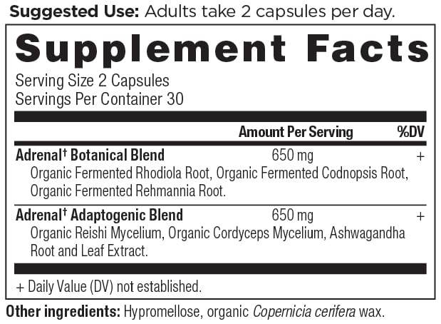 Ingredients include Ashwagandha, Rhodiola, and Reishi