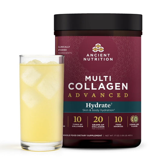 Front view of Ancient Nutrition Advanced Multi Collagen Hydrate Lemon Lime 30 servings bottle