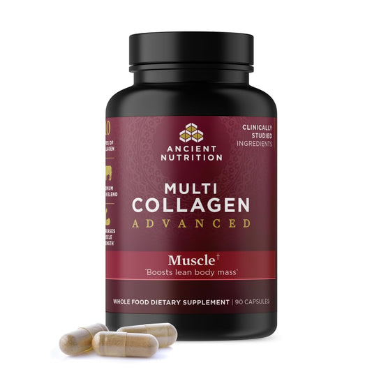 Front view of Ancient Nutrition Advanced Multi Collagen Protein Capsules bottle, 90 count
