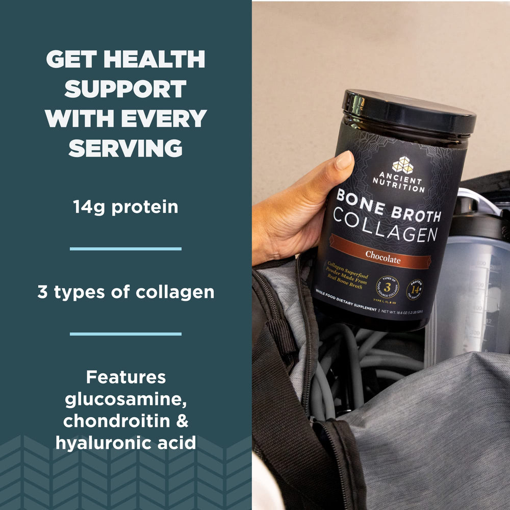 Ancient Nutrition shaker bottle with collagen chocolate for quick mixing.
