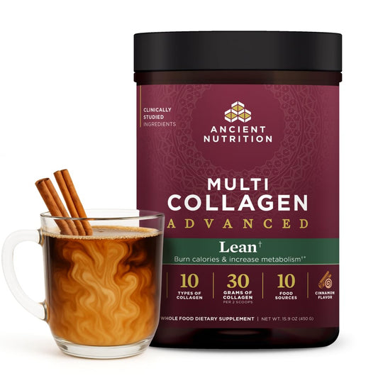 Ancient Nutrition Collagen Peptides bottle with cinnamon flavor and probiotics