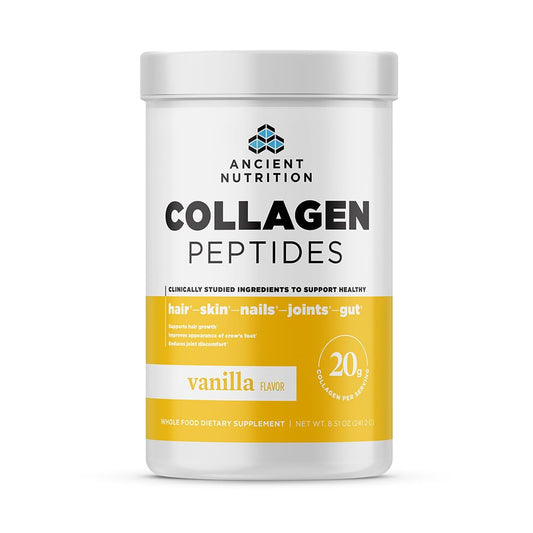 Ancient Nutrition Collagen Peptides Vanilla bottle with 12 servings and 20g per serving
