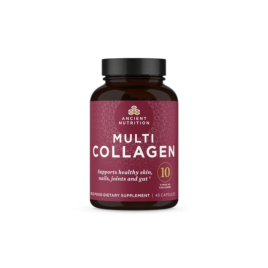 Bottle of Ancient Nutrition Hydrolyzed Multi-Collagen Pills showing 45-count and collagen types I, II, III, V, and X