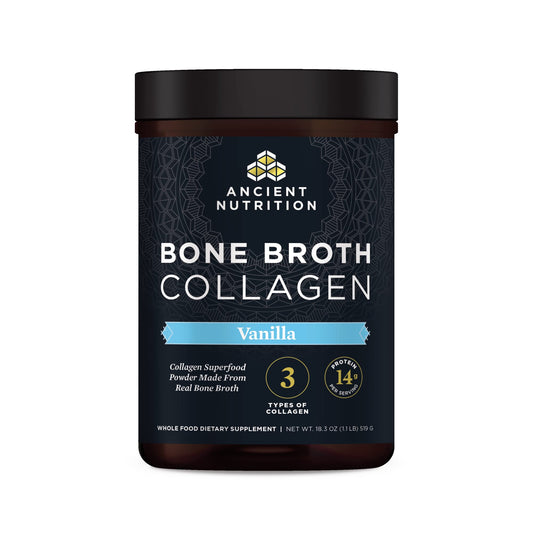Ancient Nutrition Bone Broth Collagen Powder Vanilla bottle with scoop