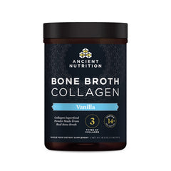 Ancient Nutrition Bone Broth Collagen Powder Vanilla bottle with scoop