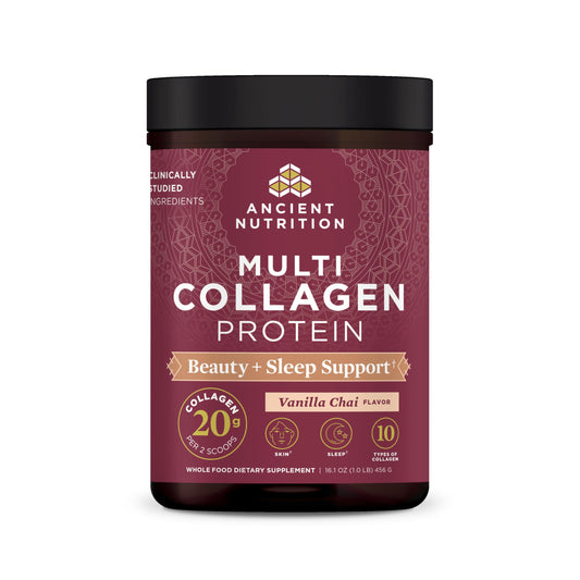 Front label of Ancient Nutrition Multi Collagen Beauty + Sleep Vanilla Chai 16.1oz