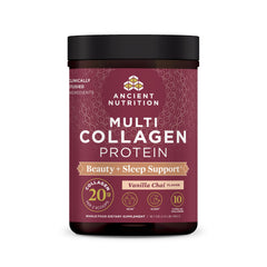 Front label of Ancient Nutrition Multi Collagen Beauty + Sleep Vanilla Chai 16.1oz