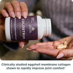Product label showing grass-fed bovine colostrum and eggshell membrane collagen
