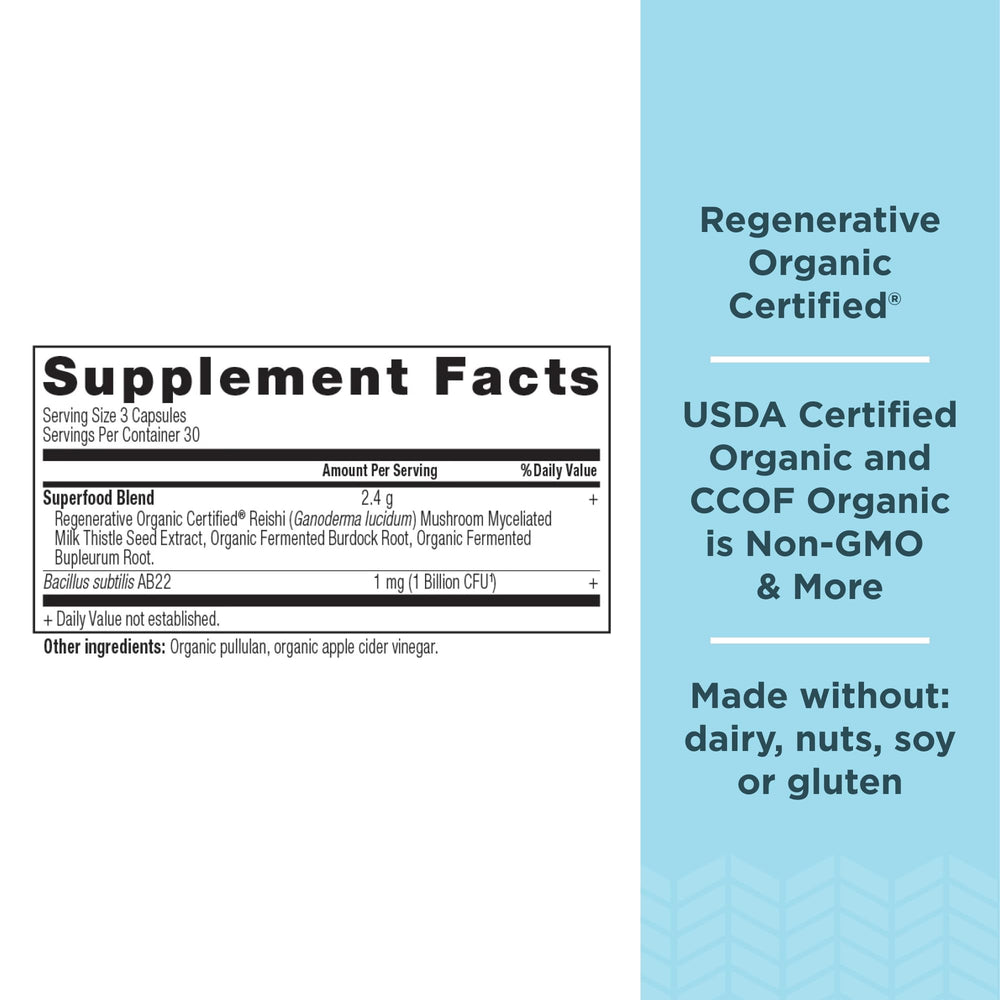 Bottle label featuring Burdock Root and Reishi for liver support