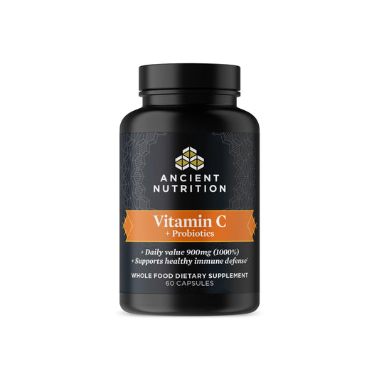 Product bottle labeled Ancient Nutrition Probiotics Vitamin C