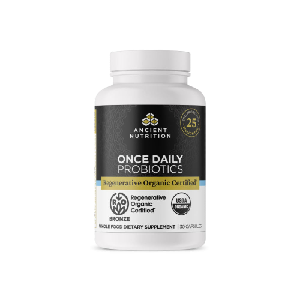 Bottle of Ancient Nutrition Regenerative Organic Certified Probiotics on a white surface