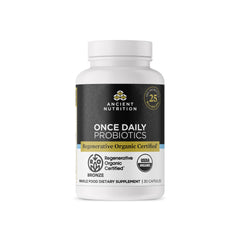 Bottle of Ancient Nutrition Regenerative Organic Certified Probiotics on a white surface