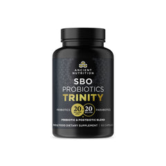 Ancient Nutrition SBO Probiotic Trinity bottle with capsules for digestive support.