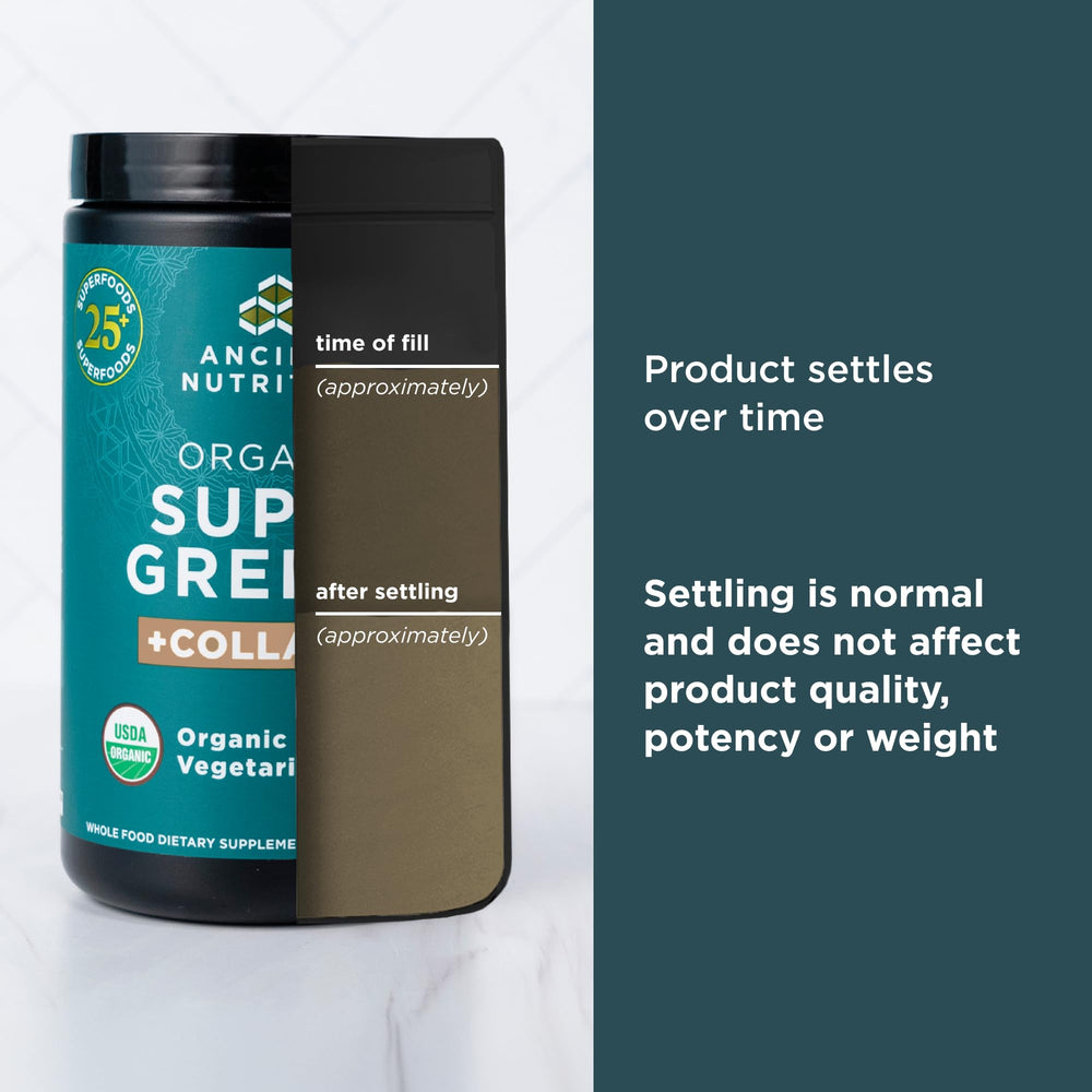 Ancient Nutrition SuperGreens vibrant green powder dissolves smoothly in a glass
