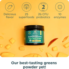 Illustration highlighting 25 organic superfoods in SuperGreens
