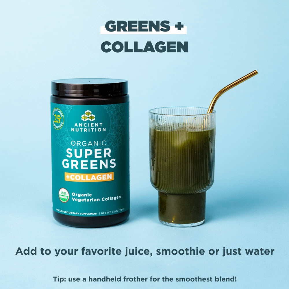 Ancient Nutrition SuperGreens powder dissolving in water for quick greens boost