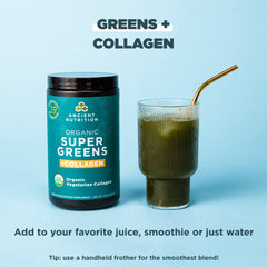 Ancient Nutrition SuperGreens powder dissolving in water for quick greens boost