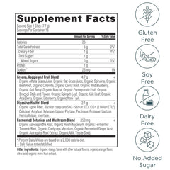 Close-up of SuperGreens ingredients: organic fruits, greens and probiotics