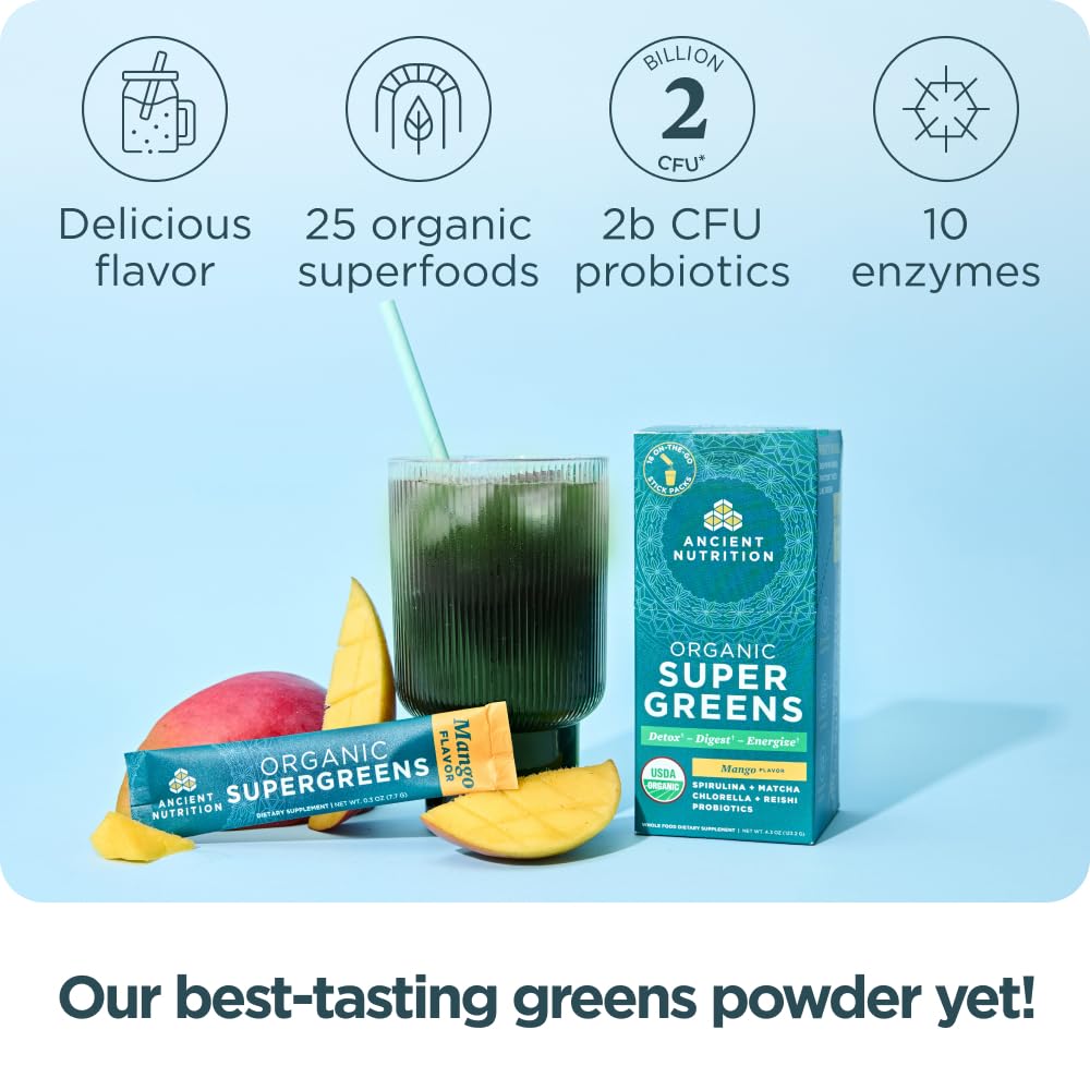16-stick packs of Ancient Nutrition SuperGreens powder with probiotics