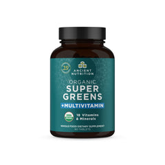 Ancient Nutrition Supergreens tablets in a bottle front highlighting daily wellness