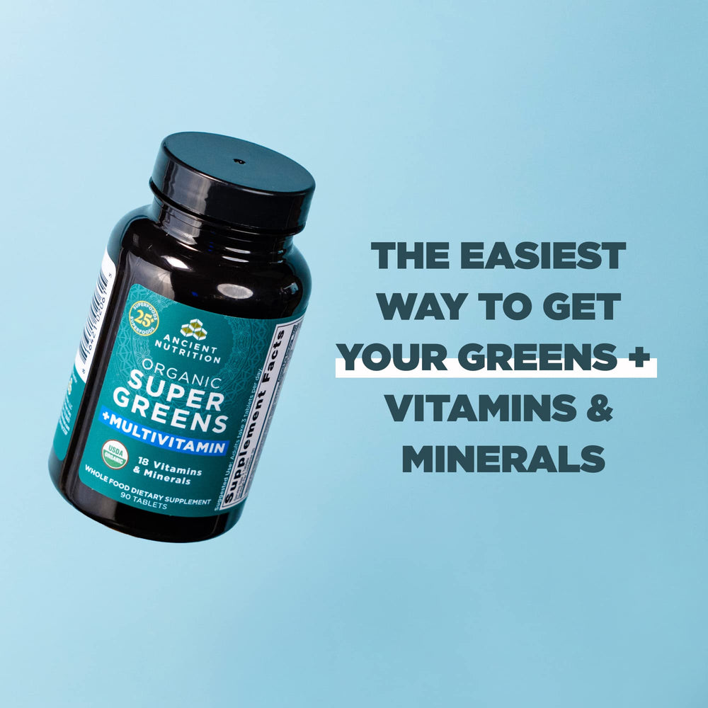 Ancient Nutrition Supergreens ingredients illustration hints at real fruits and greens