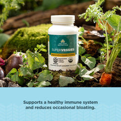 Ancient Nutrition SuperVeggies capsules closeup highlighting easy, on-the-go daily intake.