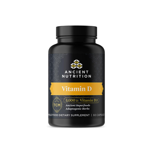 Front view of Ancient Nutrition Vitamin D3 5000 IU bottle with 60 capsules