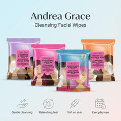 Andrea Grace face wipes ingredients panel showcasing collagen peptides and hyaluronic acid.