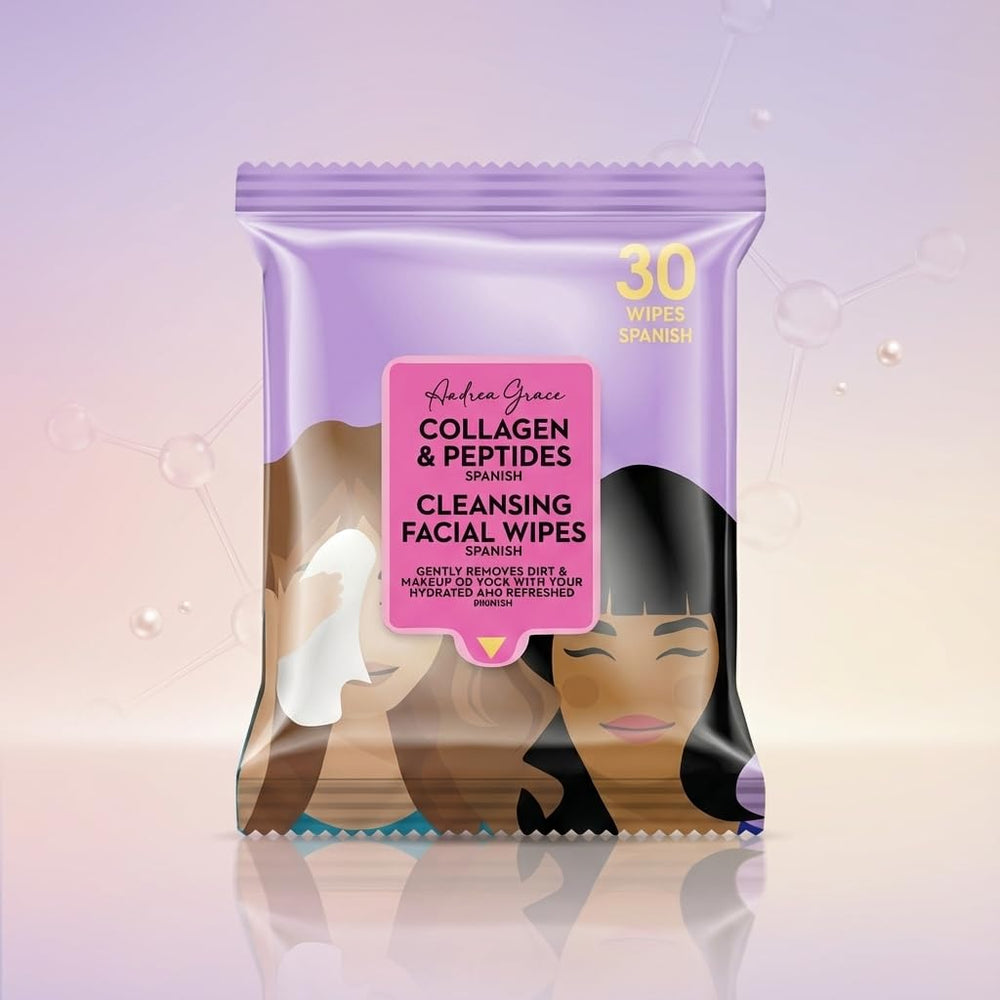 Andrea Grace face wipes travel pack close-up showing resealable packaging for on-the-go cleansing.