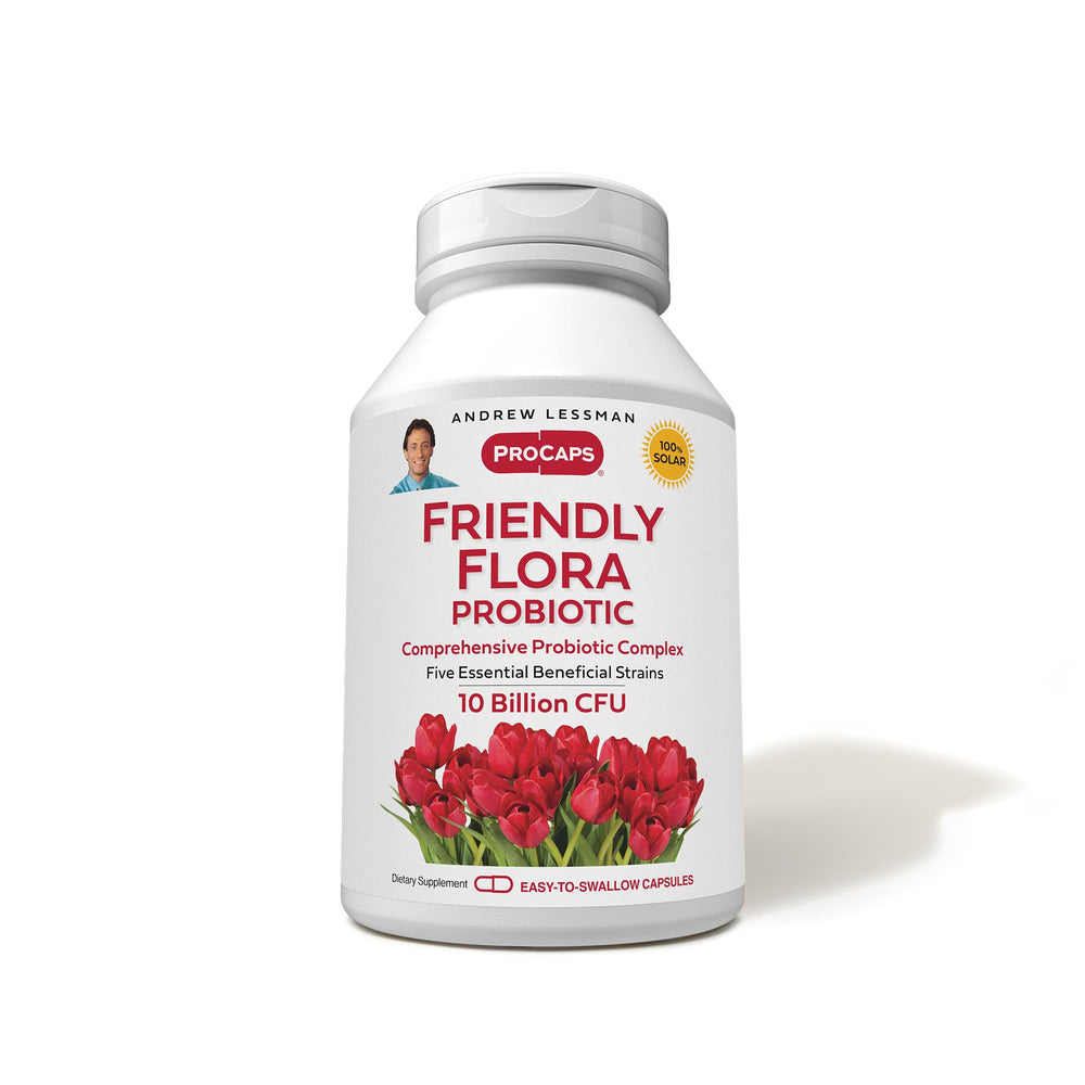 Front view of Andrew Lessman Friendly Flora probiotic bottle