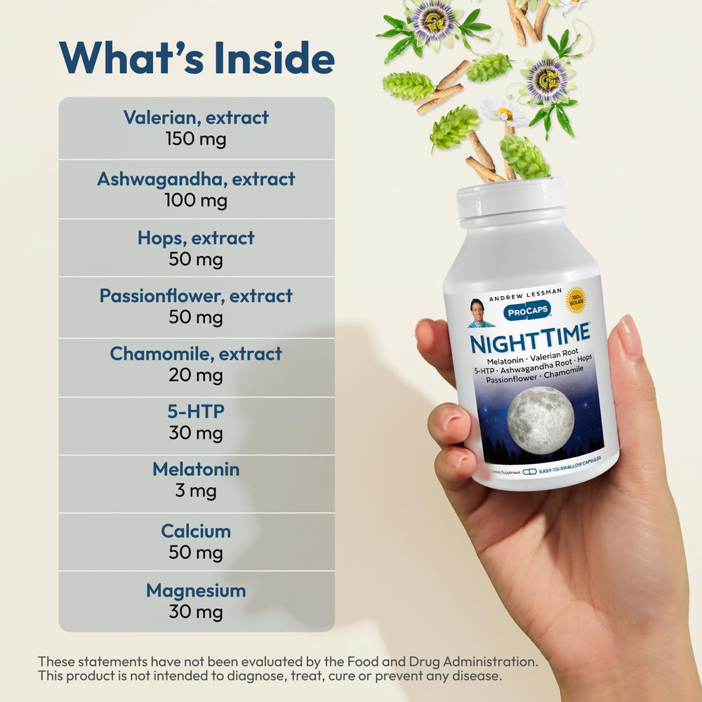 Valerian, Ashwagandha, Hops, Passionflower and Chamomile extracts in NightTime