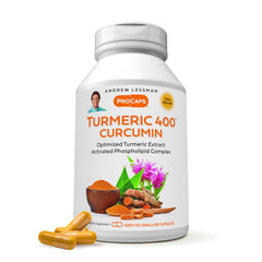 Front view of ANDREW LESSMAN Turmeric 400mg bottle with label