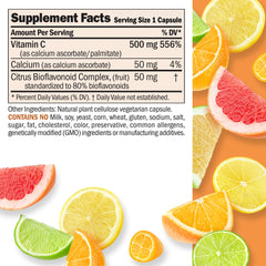 Close-up of Vitamin C 500 Complex label highlighting calcium and citrus bioflavonoids