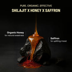 Saffron threads and honey jar beside Shilajit sticks