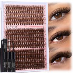 Anforlin brown lash cluster kit shows 40D-60D-80D volume for dramatic eyes.