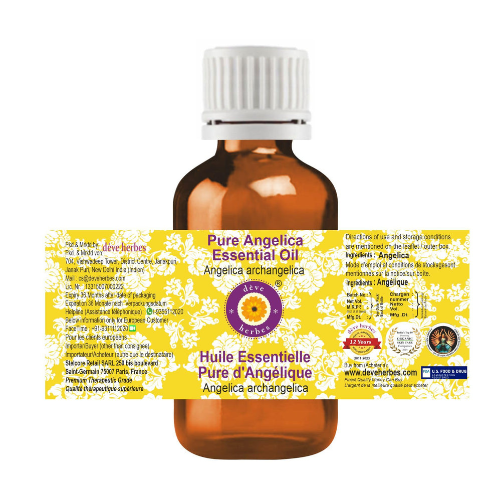 Side view of Angelica archangelica essential oil amber bottle