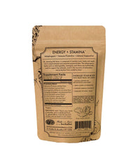 Ingredient list featuring Mesquite, Ashwagandha, Maca, Astragalus, Burdock, Slippery Elm, Ginger and Chia