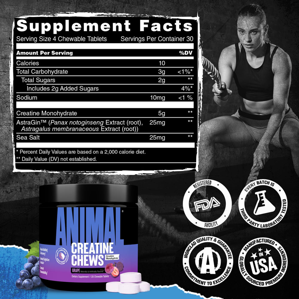 Travel-friendly tub of Animal Creatine Chews grape flavor