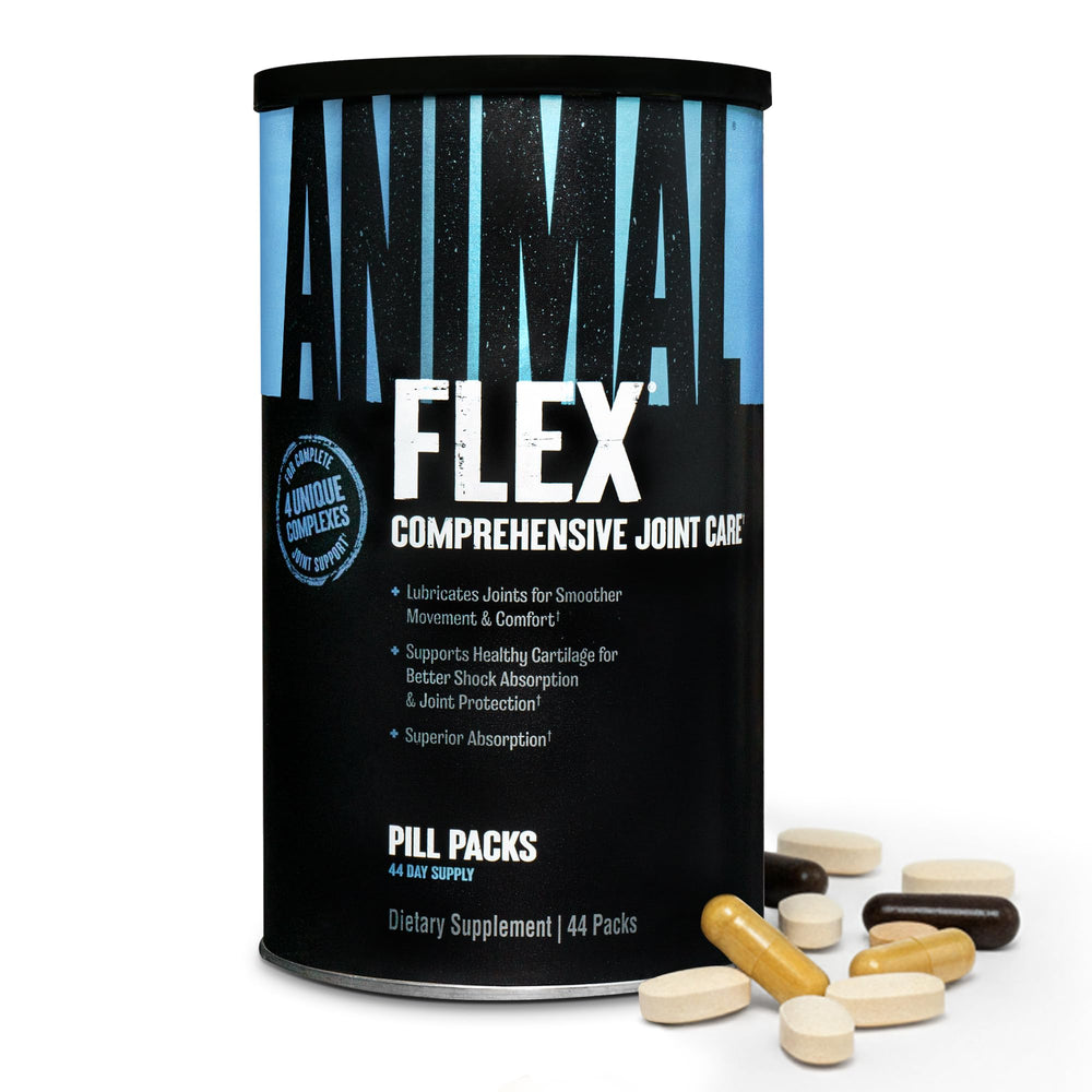 Animal Flex bottle with daily packs supports joint care during workouts.
