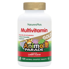 Front view of Natures Plus Animal Parade Gold Kids Multivitamin cherry-flavored bottle