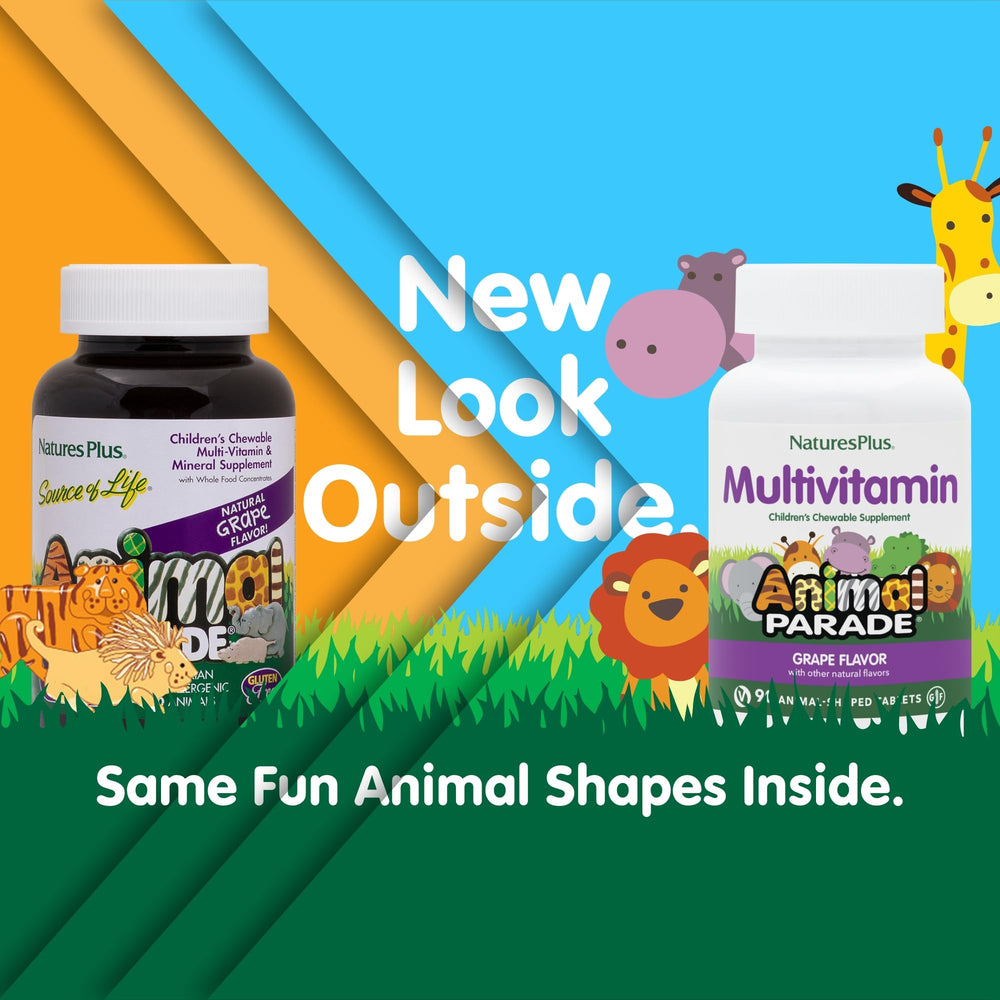 Close-up of grape-flavored animal-shaped chewable tablets