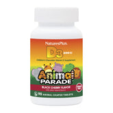 Front view of Natures Plus Animal Parade Sugar-Free Vitamin D3 500 IU bottle in Black Cherry flavor.