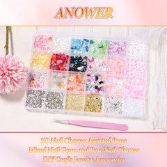 Anower rhinestones, pearls, and beads sparkle on natural or acrylic nails