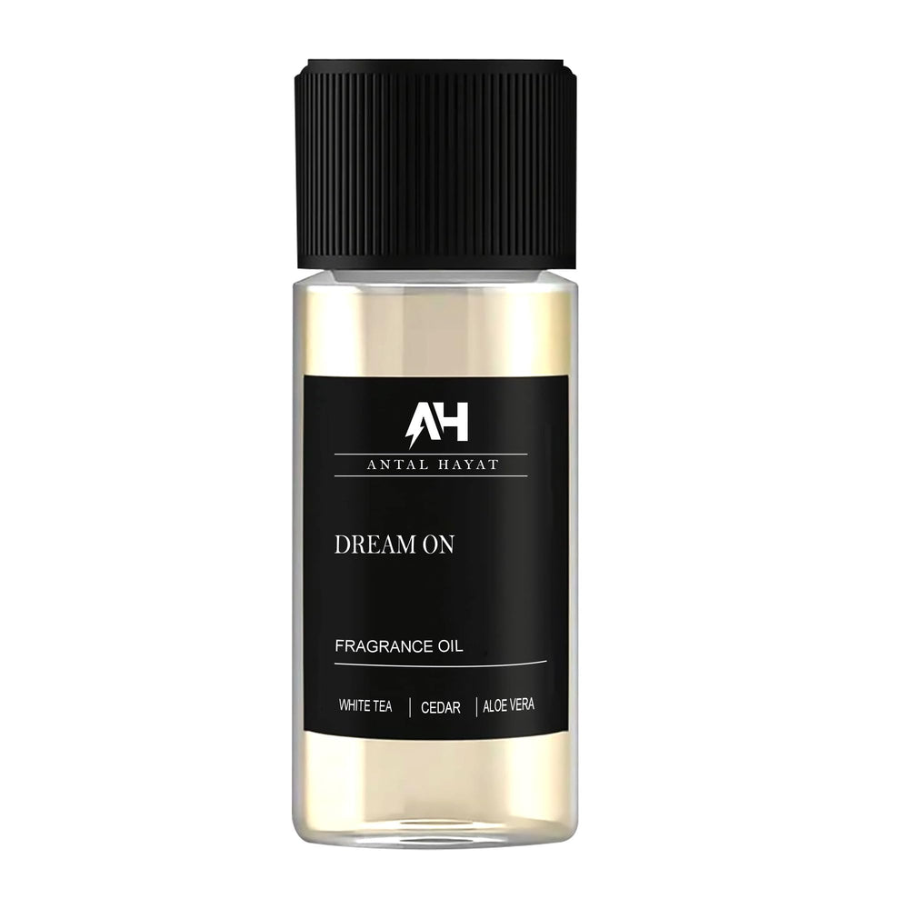 Antal Hayat Dream On bottle close-up 20ml highlights calming white tea vanilla cedar aroma for diffusers