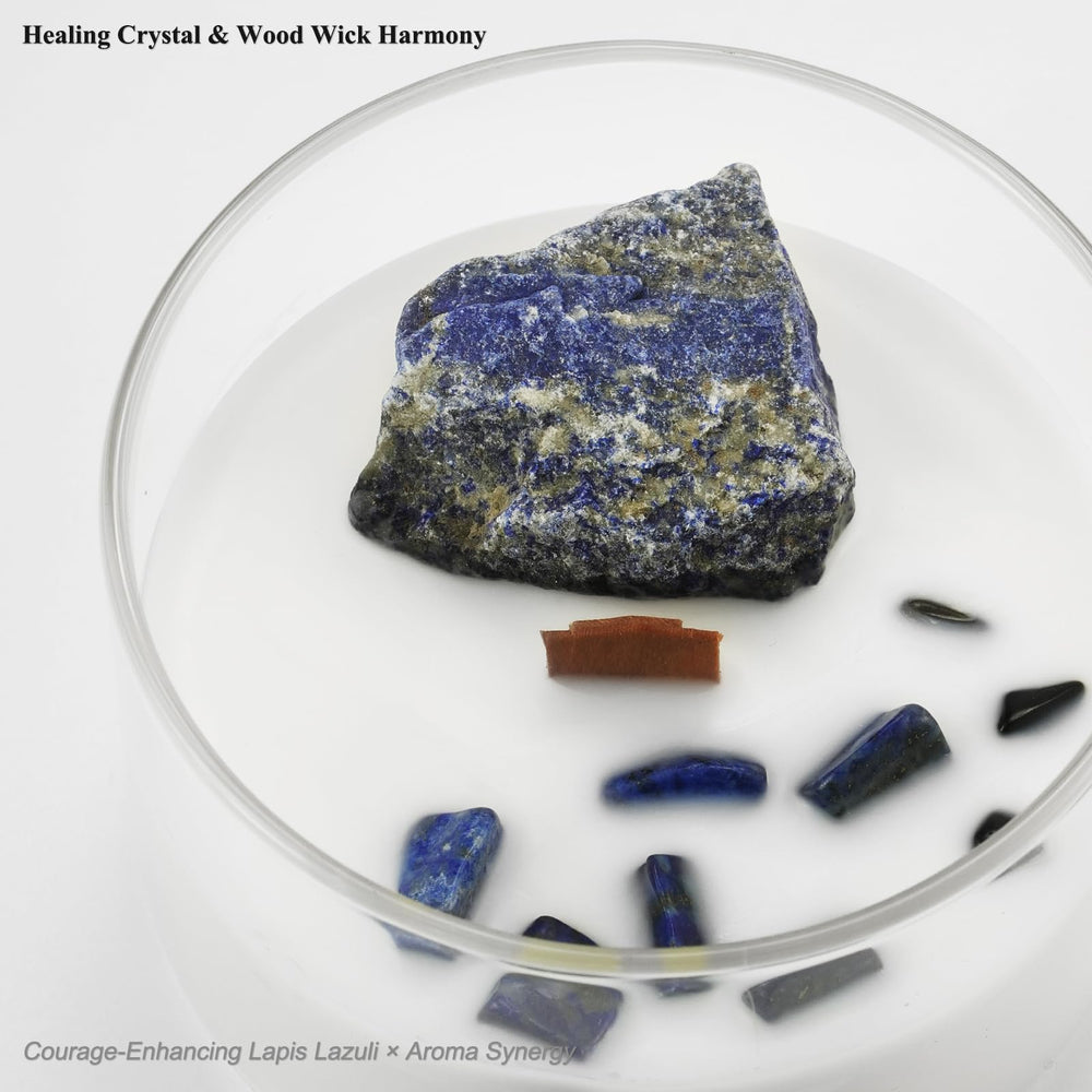 Crystal embedded in candle showing lapis lazuli and blue quartz