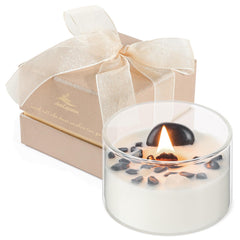 AntExpanse coconut soy candle with wood wick burning in a room