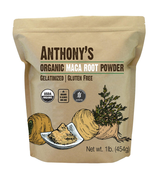 Front view of Anthony's Organic Maca Root Powder 1 lb gelatinized packaging