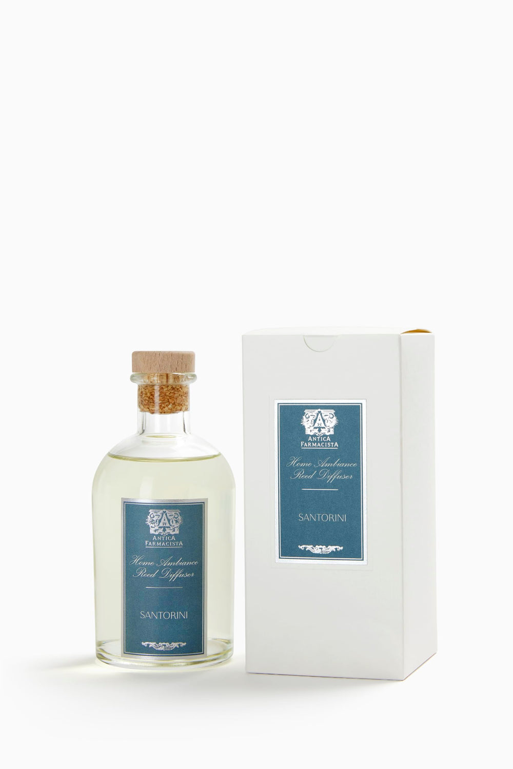 Close-up of Antica Farmacista reed diffuser with Santorini scent in glass bottle